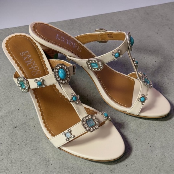 Franco Sarto Shoes - Franco Sarto Ivory Leather Jeweled T-Strap Heels with Turquoise Accents
